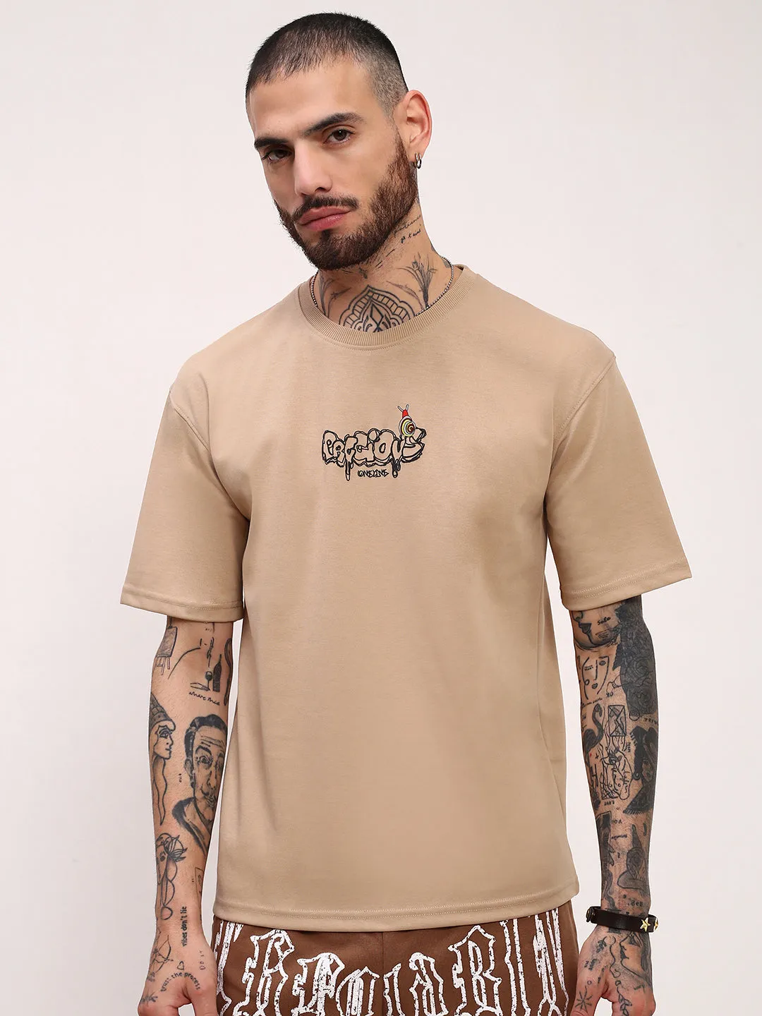 Timeless Wear Men's Beige Graphic Printed Regular Fit T-Shirt