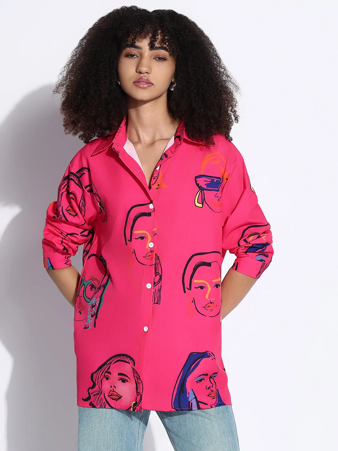 Women's Graphic Pink Oversized Shirt Stretchable Fabric