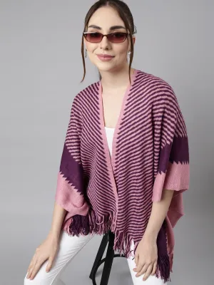 Women's Striped Purple Longline Front-Open Poncho Surface Pilling Resistant WrinkleResistant Knit Structure