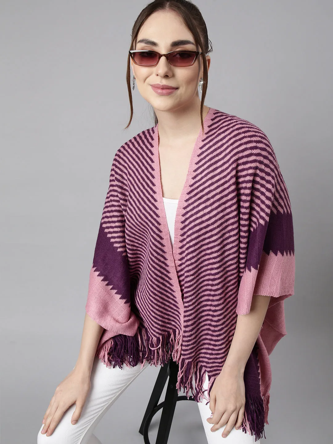 Women's Striped Purple Longline Front-Open Poncho Surface Pilling Resistant WrinkleResistant Knit Structure