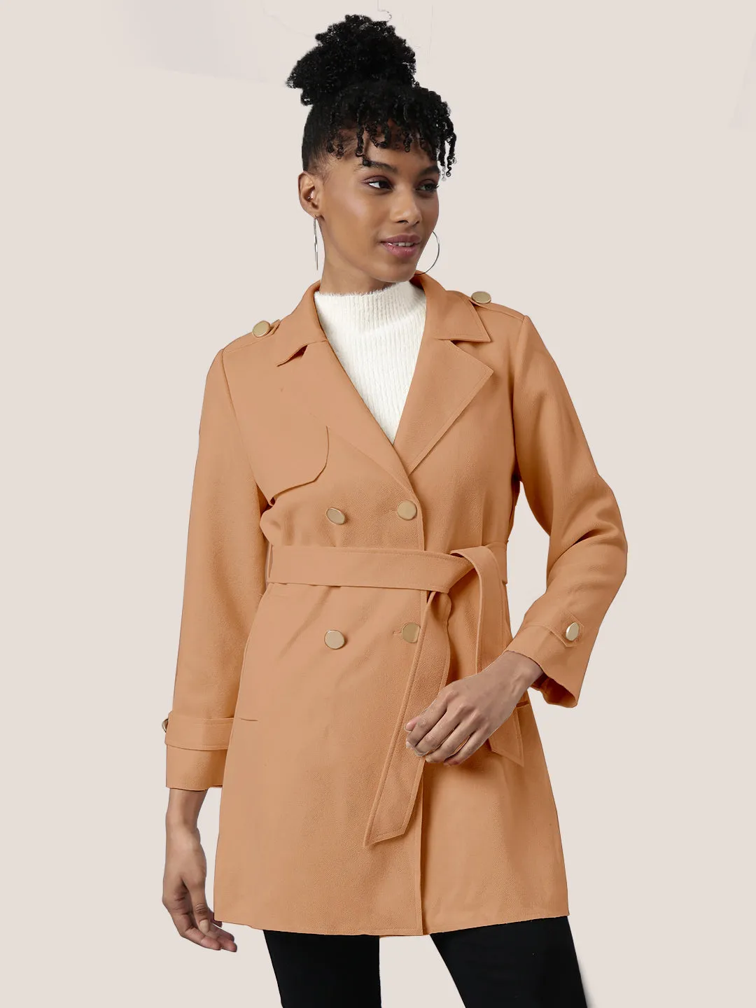 Women's Solid Brown Longline Trench Coat with Belt Odor Control Fibers