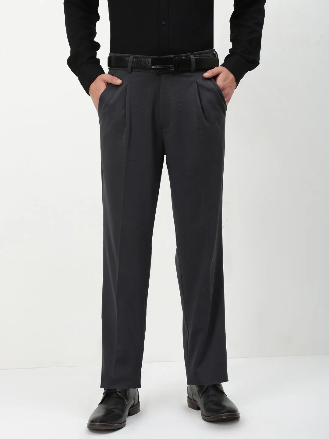 Cropped hem Stretchable Wear Men's Grey Solid Formal Trousers