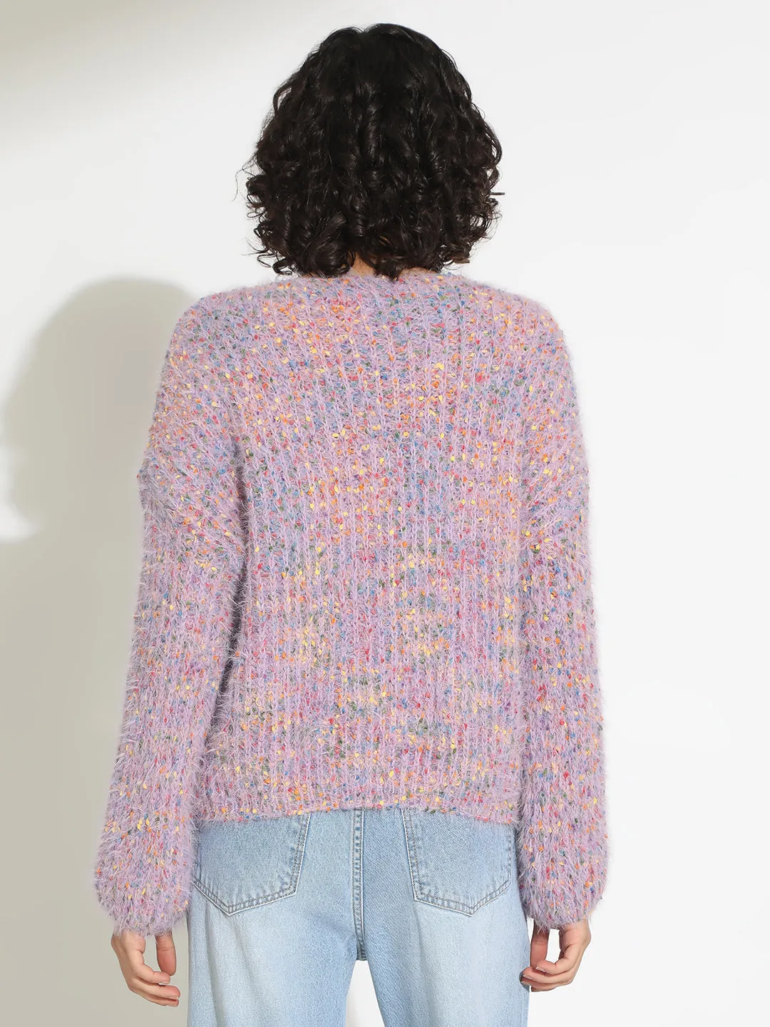 Hypoallergenic Fiber Homewear Style Women's Textured Purple Fuzzy Knit Pullover Sweater