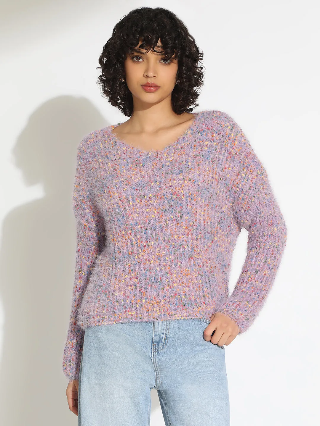 Inner Layer Women's Textured Purple Fuzzy Knit Pullover Sweater