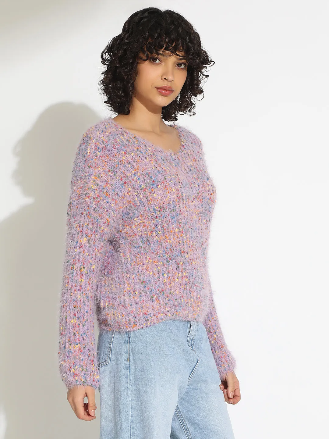 Women's Textured Purple Fuzzy Knit Pullover Sweater SoftTouch Finish Chill Style