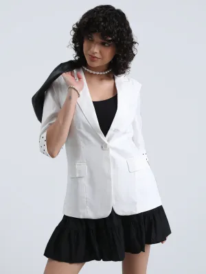 Sustainable Material Clean Outer Women's Off-White Single-Breasted Blazer with 3/4 Sleeve and Polka Dot Cuff