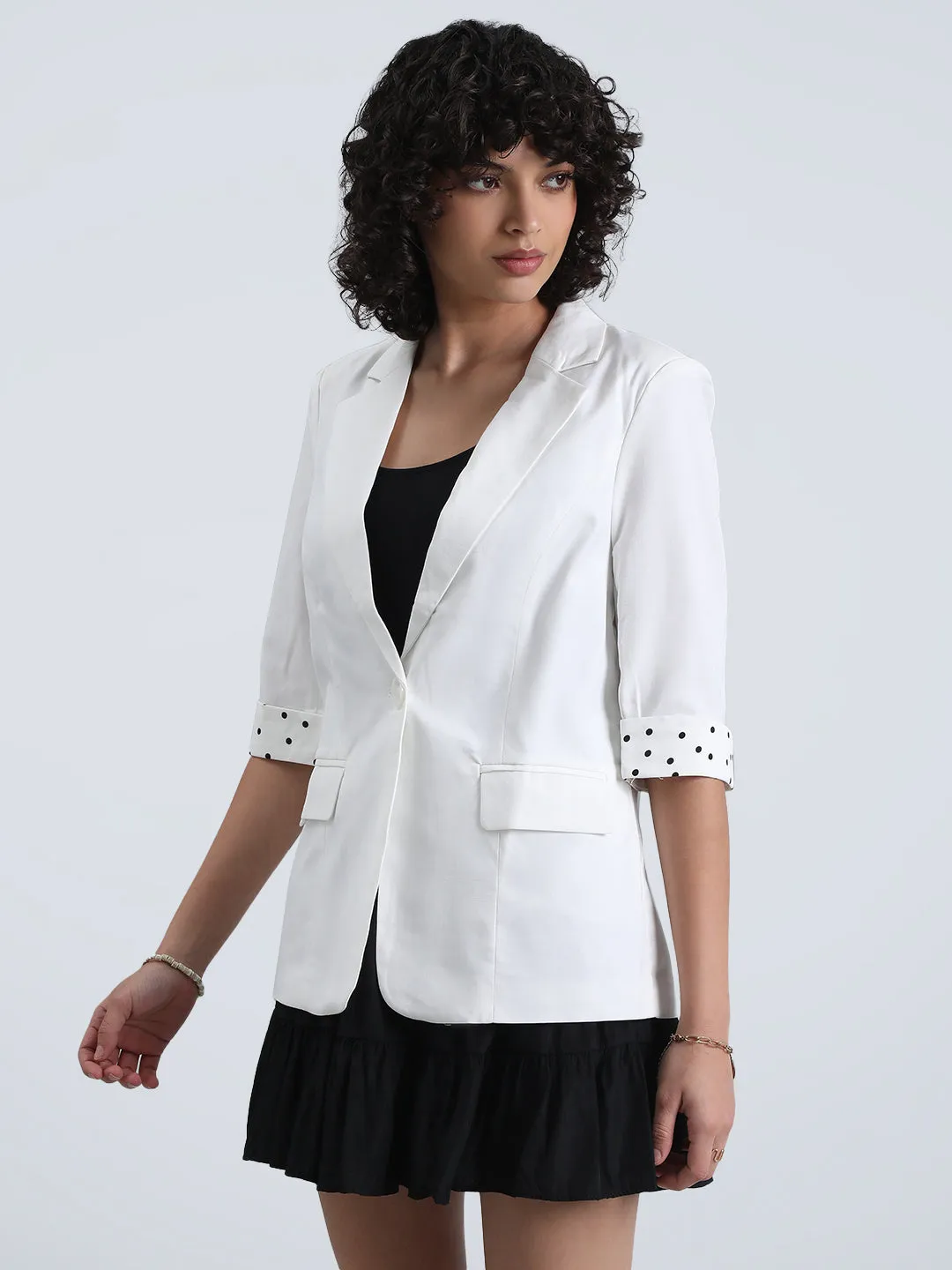 Temperature control Flexible Daily Fit Women's Off-White Single-Breasted Blazer with 3/4 Sleeve and Polka Dot Cuff