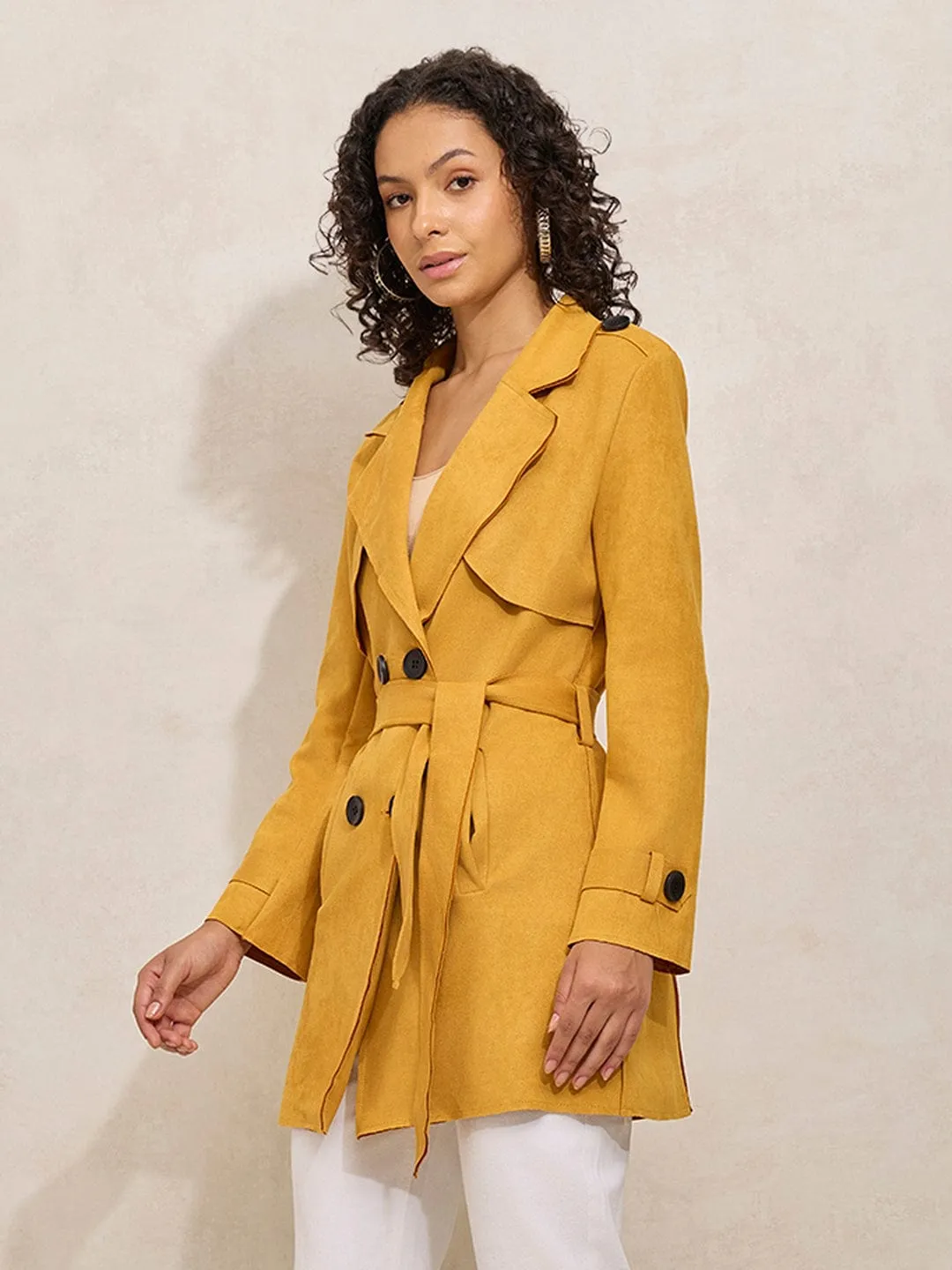 Women's Yellow Double Breasted Trench Coat with Belt Changeable Style