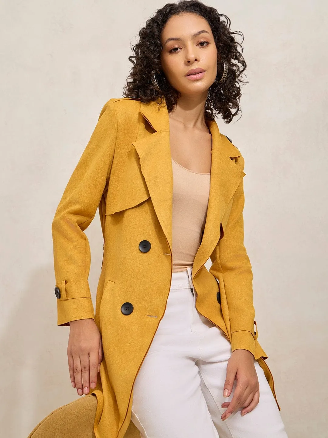 Women's Yellow Double Breasted Trench Coat with Belt Thermoregulating Lining
