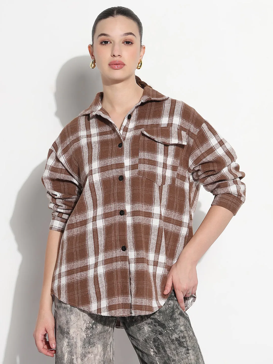 Comfy Pieces Women's Tartan Checks Brown Oversized Shirt with Flap Pocket