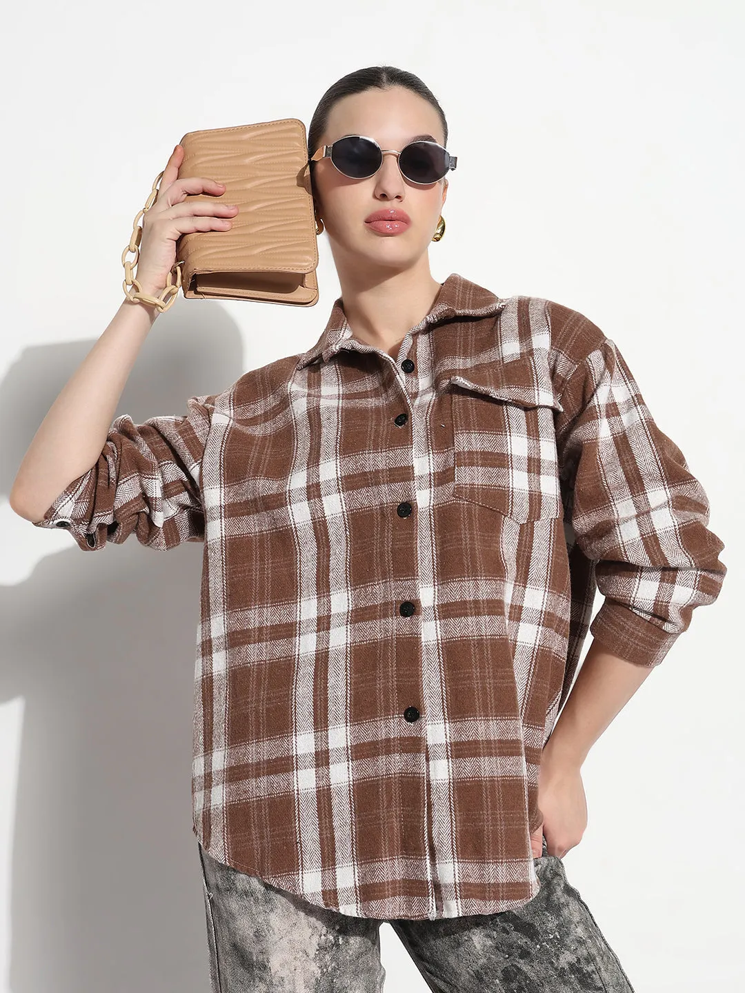 Women's Tartan Checks Brown Oversized Shirt with Flap Pocket Light Wear