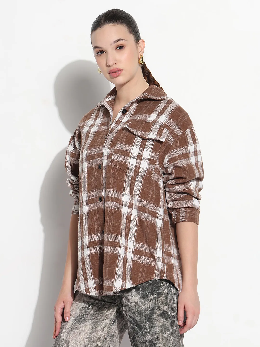 Taped Neckline Layered Collar Women's Tartan Checks Brown Oversized Shirt with Flap Pocket