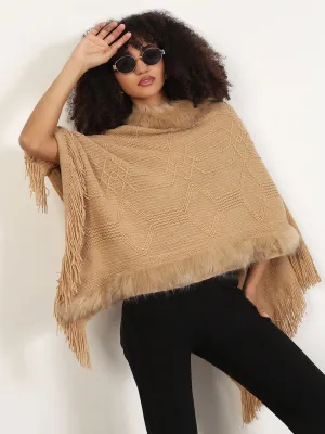 Slub Texture Women's Solid Beige Fringed Edge Poncho