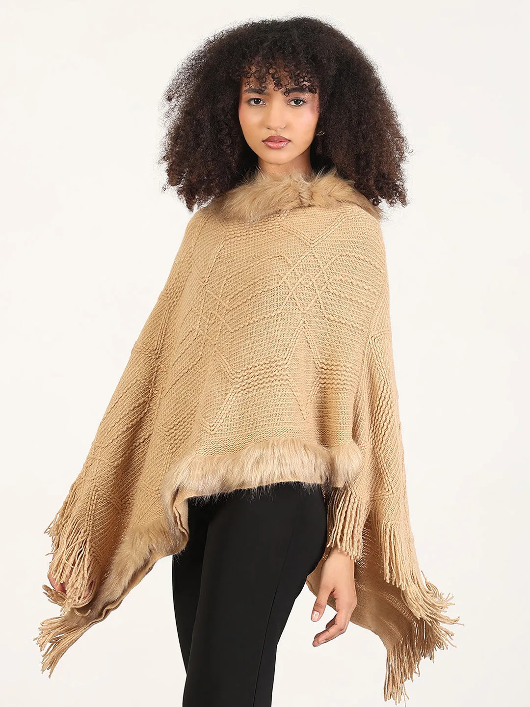 Women's Solid Beige Fringed Edge Poncho Daily Style Classic Layer