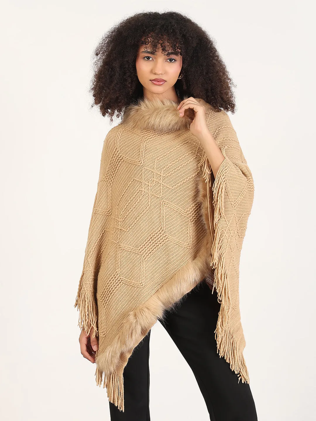 MoistureWicking Technology Weekend Comfort Women's Solid Beige Fringed Edge Poncho