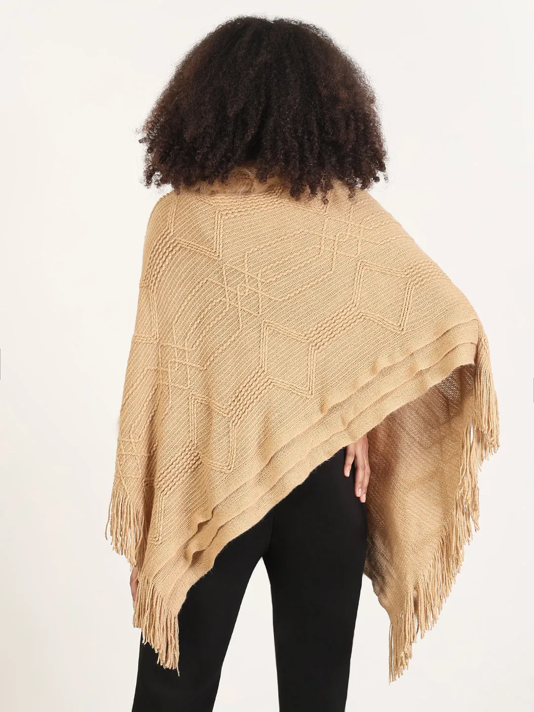 Women's Solid Beige Fringed Edge Poncho Breezy Day