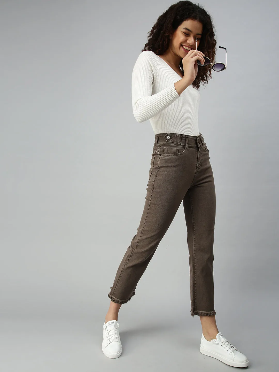 Women's Brown Jean Straight Fit High-Rise Stretchable Jeans No Iron Wear Sustainable Weekend Getaway