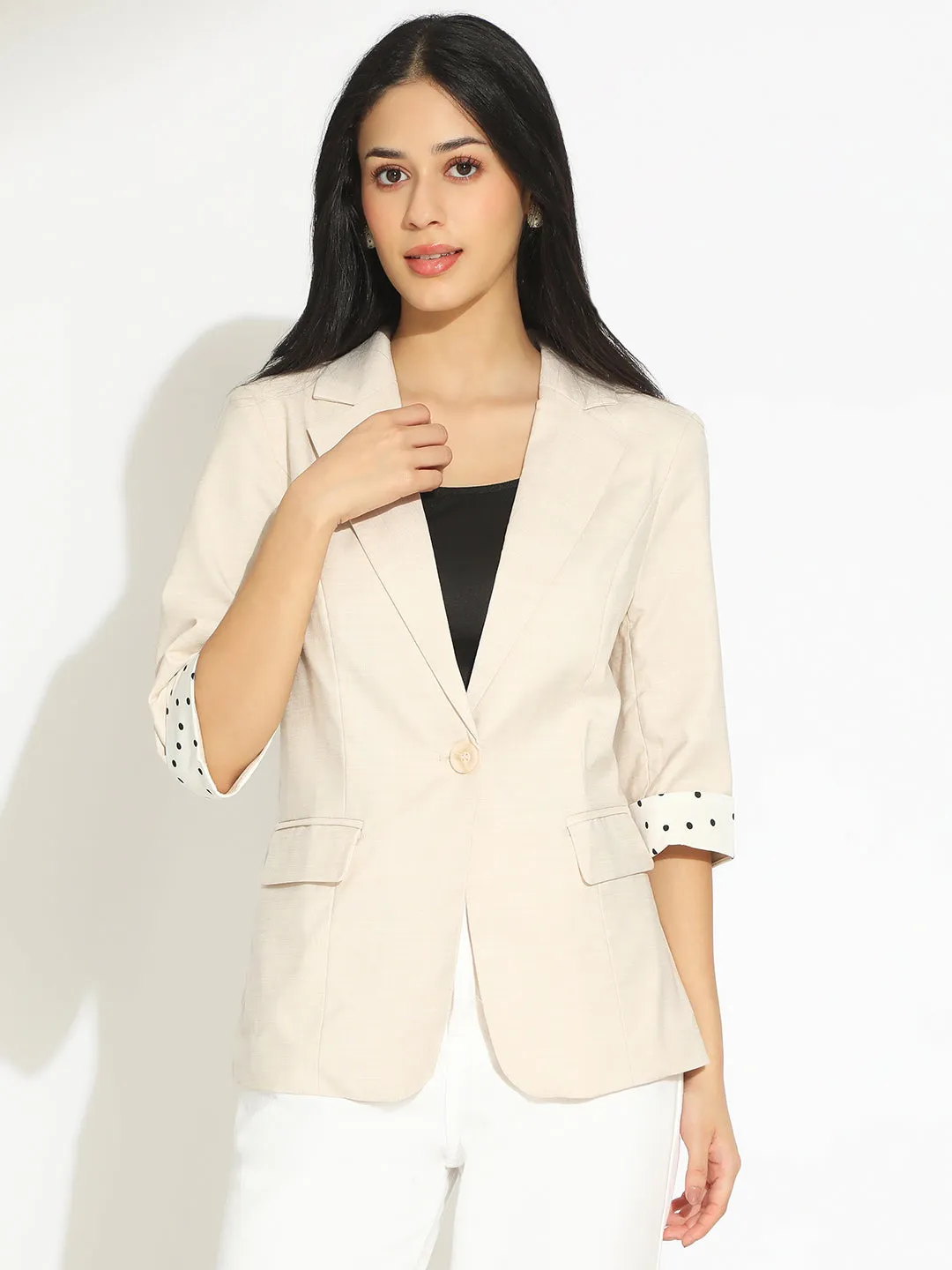 Women's Cream Single-Breasted Blazer with 3/4 Sleeve and Polka Dot Cuff Weekend Chill Style Fringe Detail