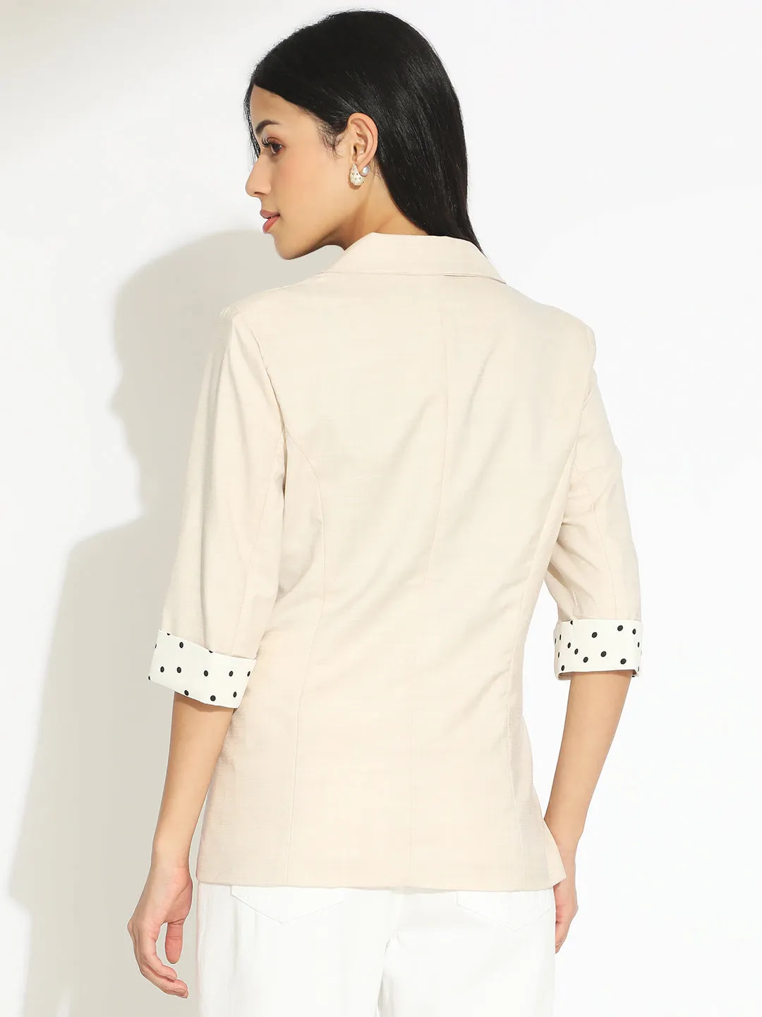 Women's Cream Single-Breasted Blazer with 3/4 Sleeve and Polka Dot Cuff Zippered Closures Weekend Style