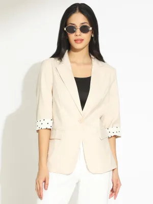 Women's Cream Single-Breasted Blazer with 3/4 Sleeve and Polka Dot Cuff Bonded Seam Technology