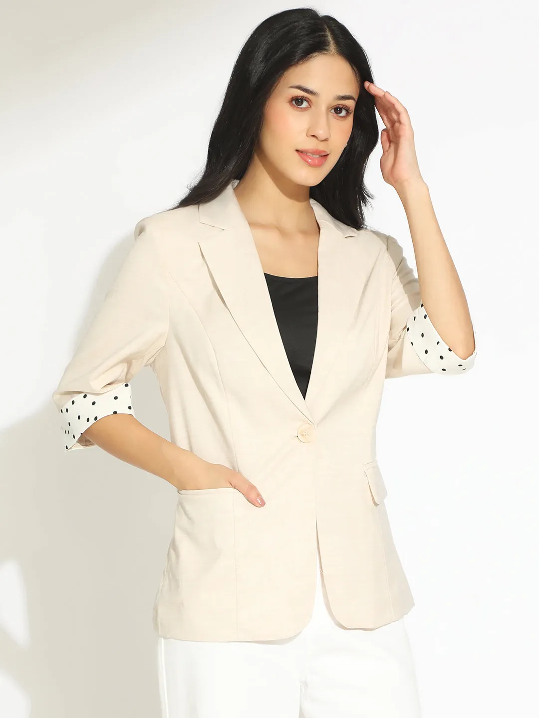 Women's Cream Single-Breasted Blazer with 3/4 Sleeve and Polka Dot Cuff Wrinkle resistant fabric