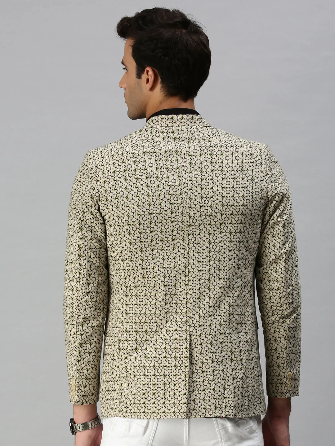 Men's Beige Printed Slim-Fit Single-Breasted Blazer Essential Style