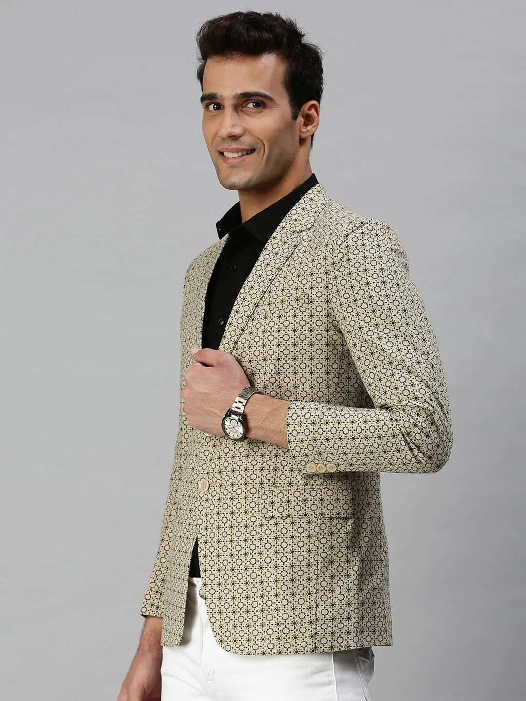 Men's Beige Printed Slim-Fit Single-Breasted Blazer Climate Responsive Textile
