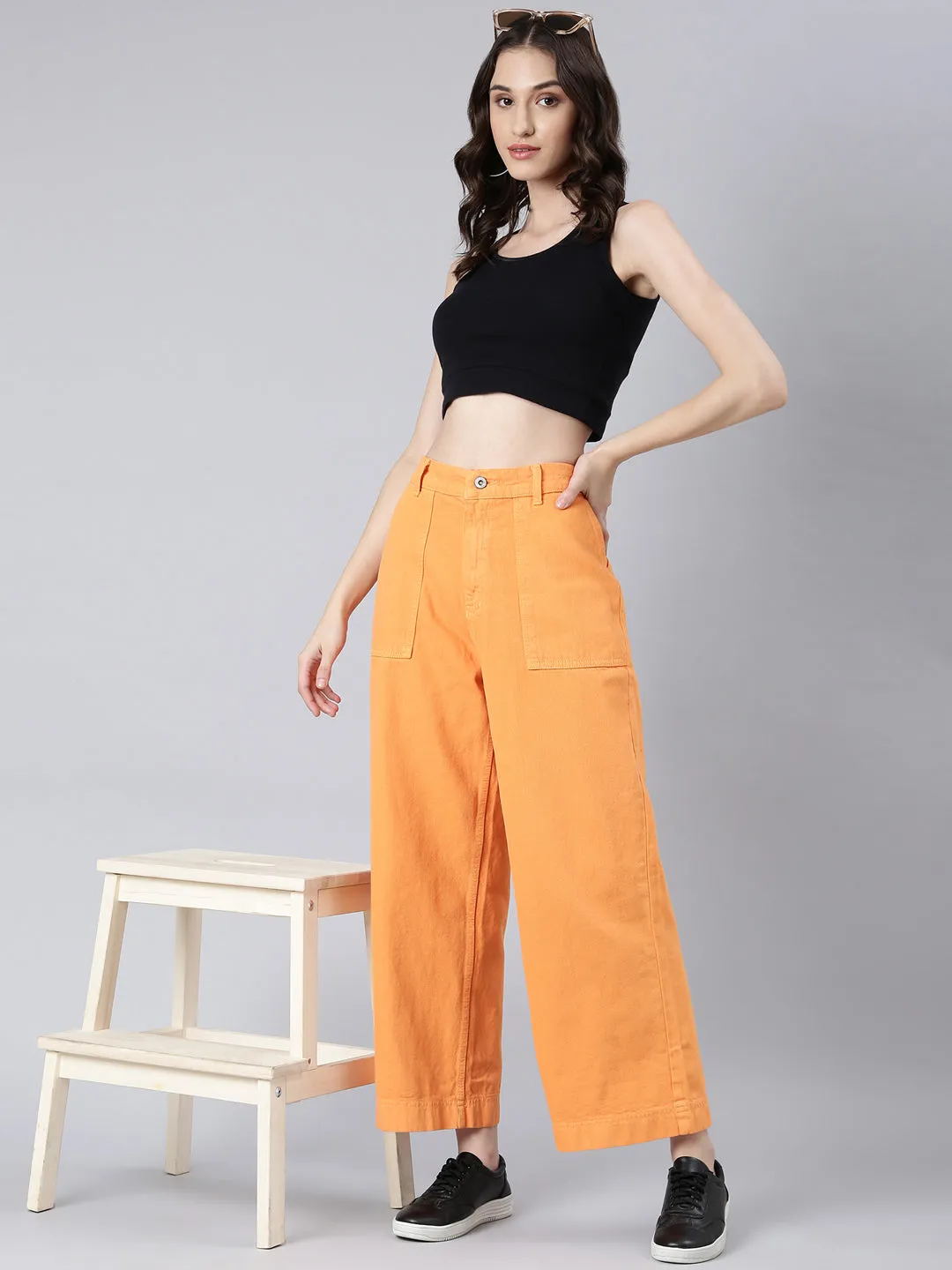 Women's Orange Wide Leg Fit Acid Wash Stretchable Denim Jeans Smart Utility Unisex Look
