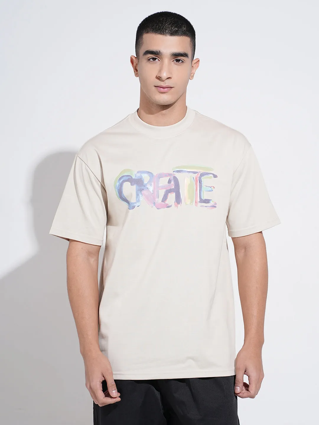 Cozy And Stylish Men's Typography Cream Short Sleeves Round Neck Relaxed Fit T-Shirt