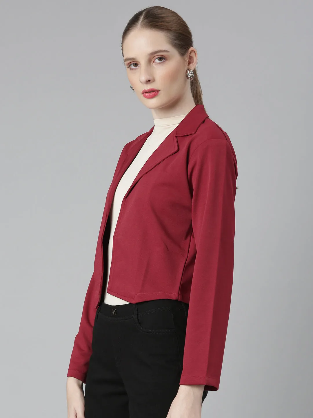 Adjustable Hem Women's Maroon Notched Lapel Collar Cotton Open Front Blazer