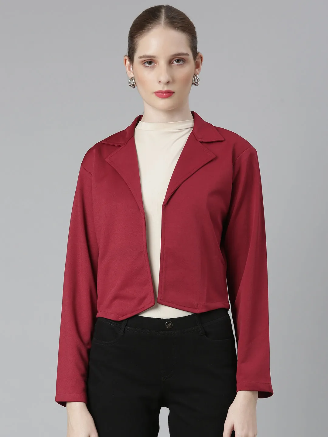 Women's Maroon Notched Lapel Collar Cotton Open Front Blazer Temperature Regulating