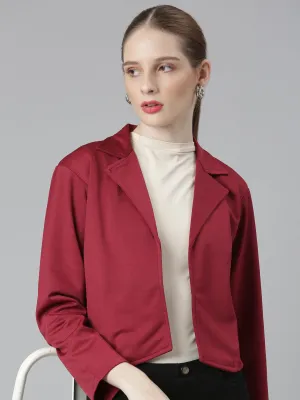 Women's Maroon Notched Lapel Collar Cotton Open Front Blazer Windproof Cuffs Soft Lined Interior