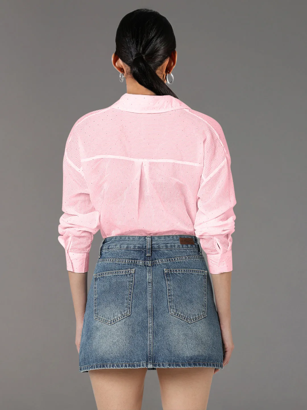 Women's Pink Striped Oversized Shirt with Chest Pocket Easy Fit Wear