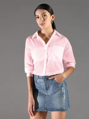 Women's Pink Striped Oversized Shirt with Chest Pocket Comfortable Look Quick Layer Fit