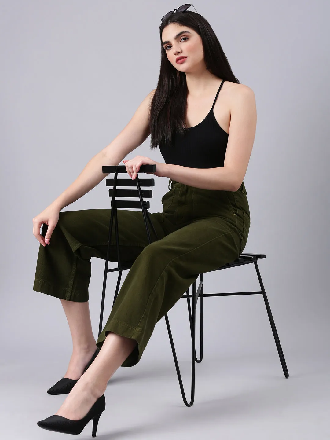 Always Stylish Unisex Attire Women's Olive Wide Leg Acid Wash Denim Jeans