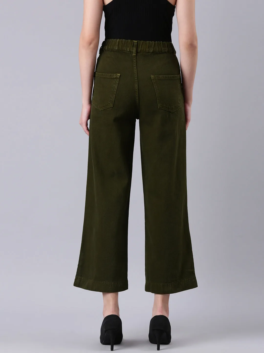 Women's Olive Wide Leg Acid Wash Denim Jeans Comfortable Waist Tailored Appearance