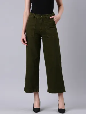 Soft Road Trip Youth Style Daywear Option Women's Olive Wide Leg Acid Wash Denim Jeans
