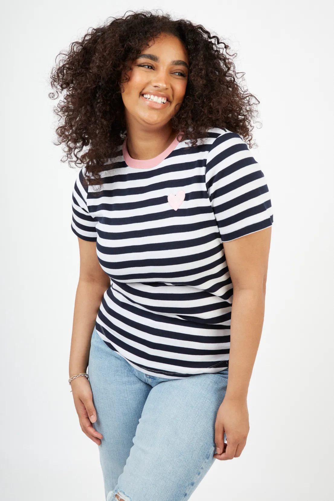 Casual Performance Soft and breathable O&F Heart Embroidered Short Sleeve Breton Tee - Navy