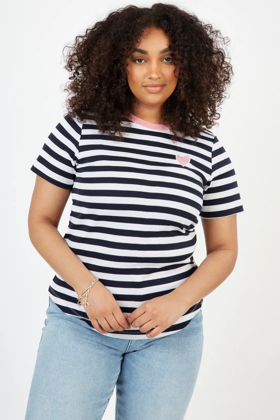 O&F Heart Embroidered Short Sleeve Breton Tee - Navy Fun and Playful Fit Comfort