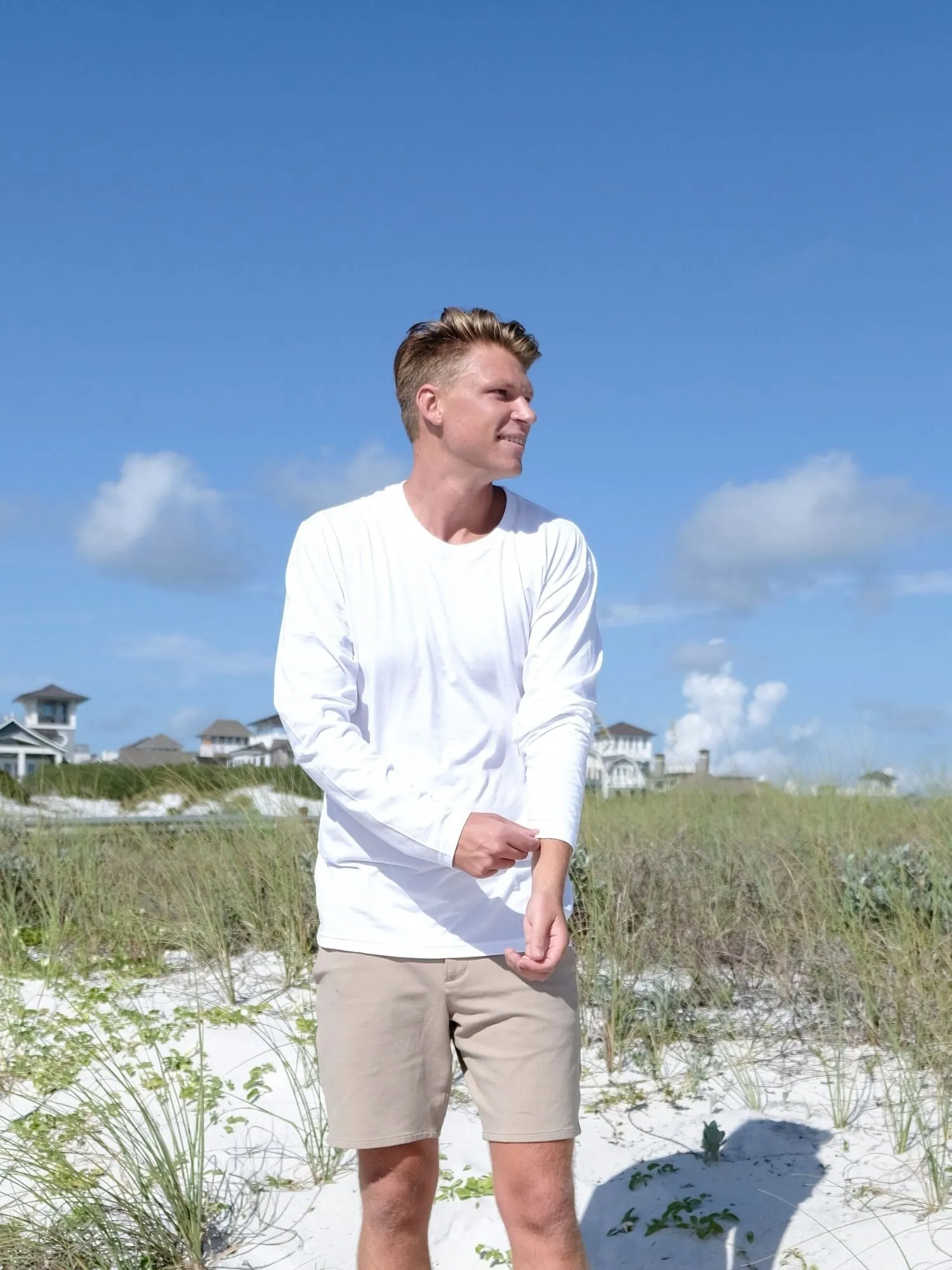 Dimensional Stability Weave White Long Sleeve Crew Neck