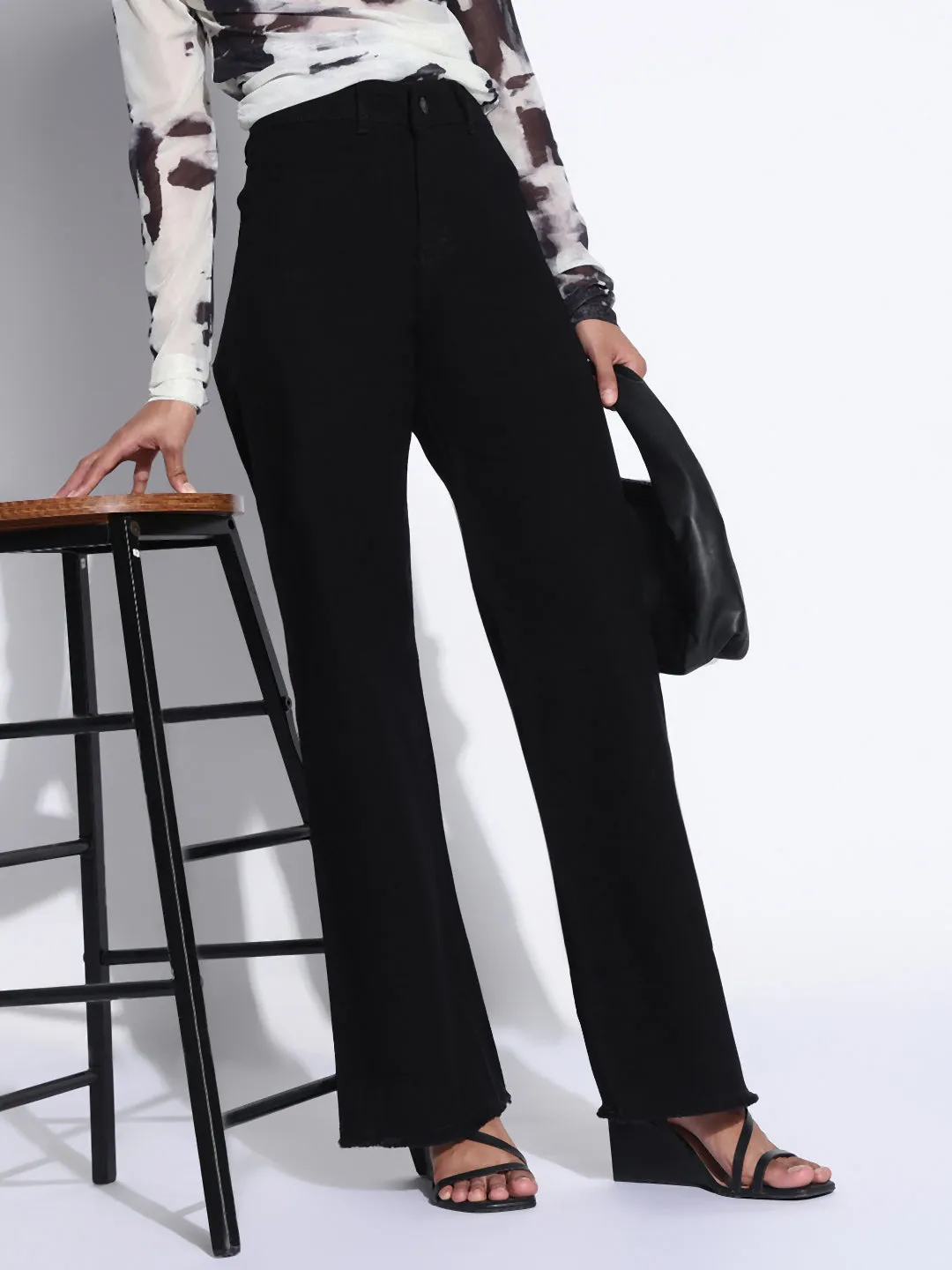 Classic Wear Street Fashion Women's Solid Black Frayed Hem Wide Leg Jeans