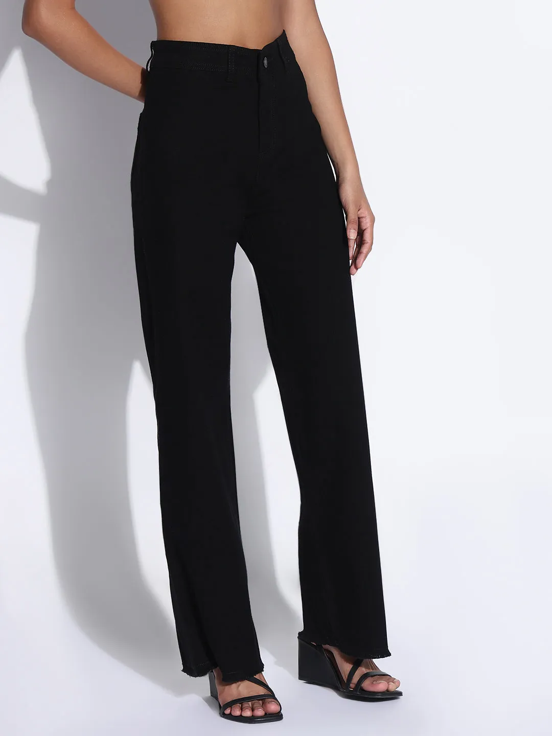 Natural Look Women's Solid Black Frayed Hem Wide Leg Jeans