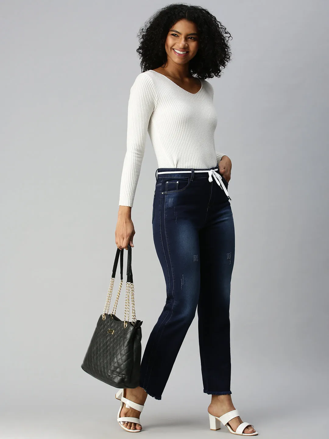 Women's Blue Straight Fit High-Rise Low Distress Heavy Fade Stretchable Jeans Basic Outfit