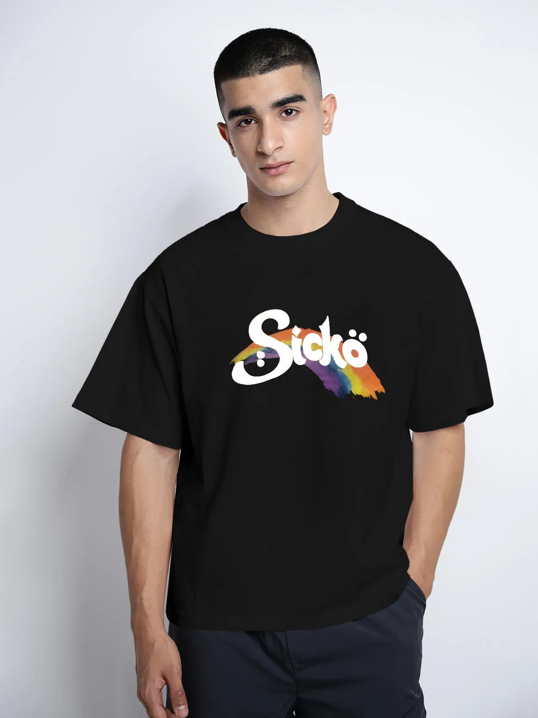 Chic Cut Trendy Piece Men's Typography Black Short Sleeves Round Neck Oversized T-Shirt