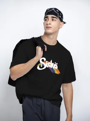 Men's Typography Black Short Sleeves Round Neck Oversized T-Shirt Sleek Comfort