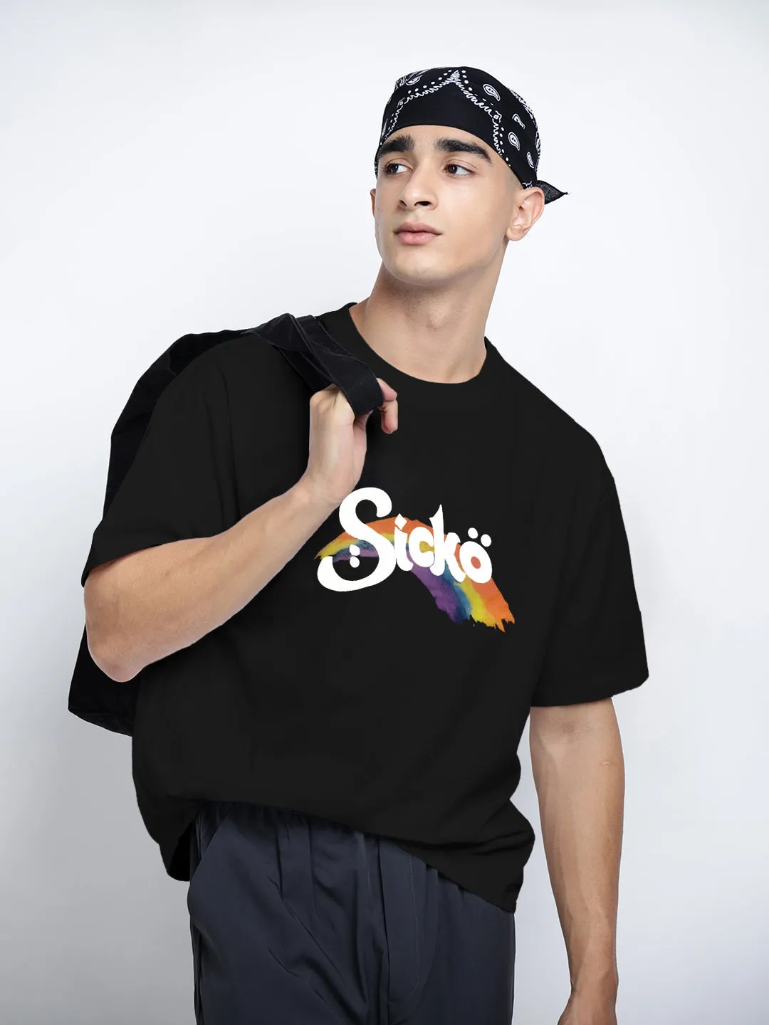 Men's Typography Black Short Sleeves Round Neck Oversized T-Shirt Sleek Comfort