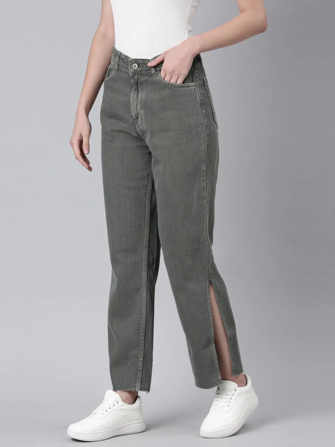Women's Olive Wide Leg Denim Jeans Basic Piece