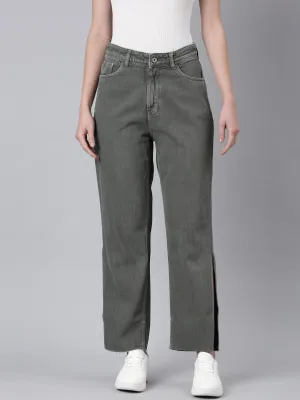 Women's Olive Wide Leg Denim Jeans Sanded Seam Comfort