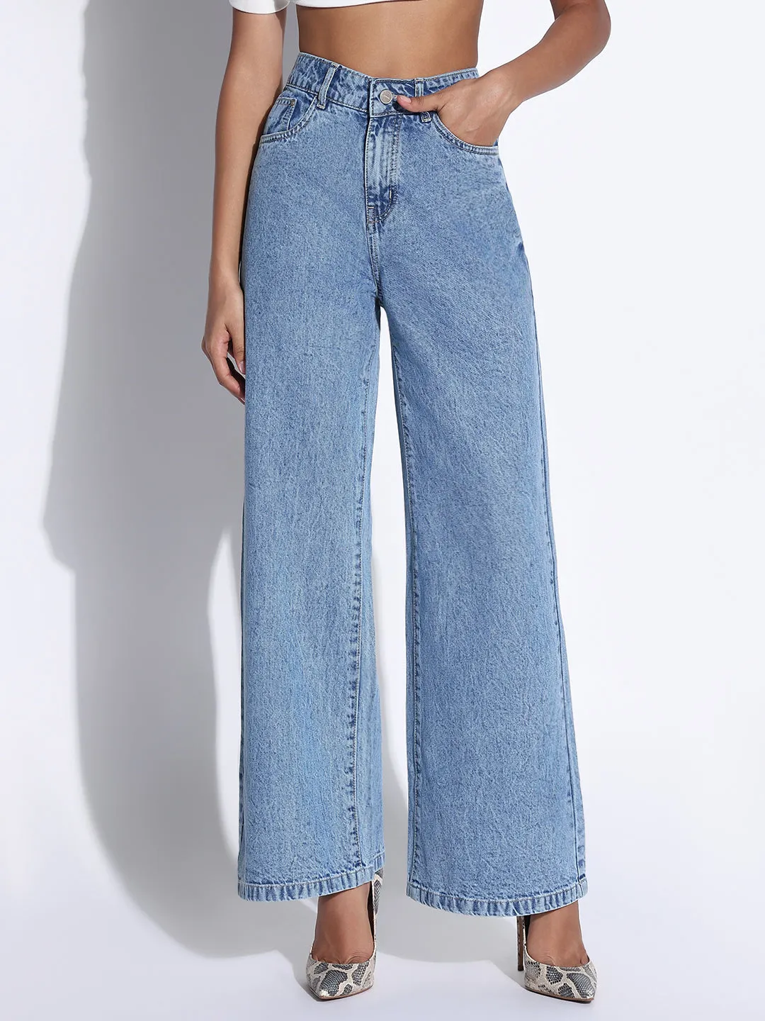 Artist Vibe Weekend Warrior Gym Ready Women's Solid Blue Wide Leg Jeans