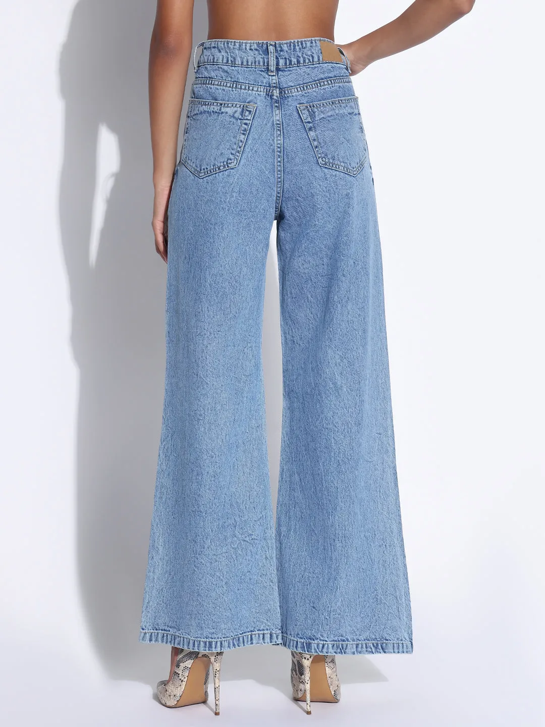 Women's Solid Blue Wide Leg Jeans Casual Classic